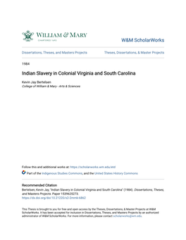 Indian Slavery in Colonial Virginia and South Carolina