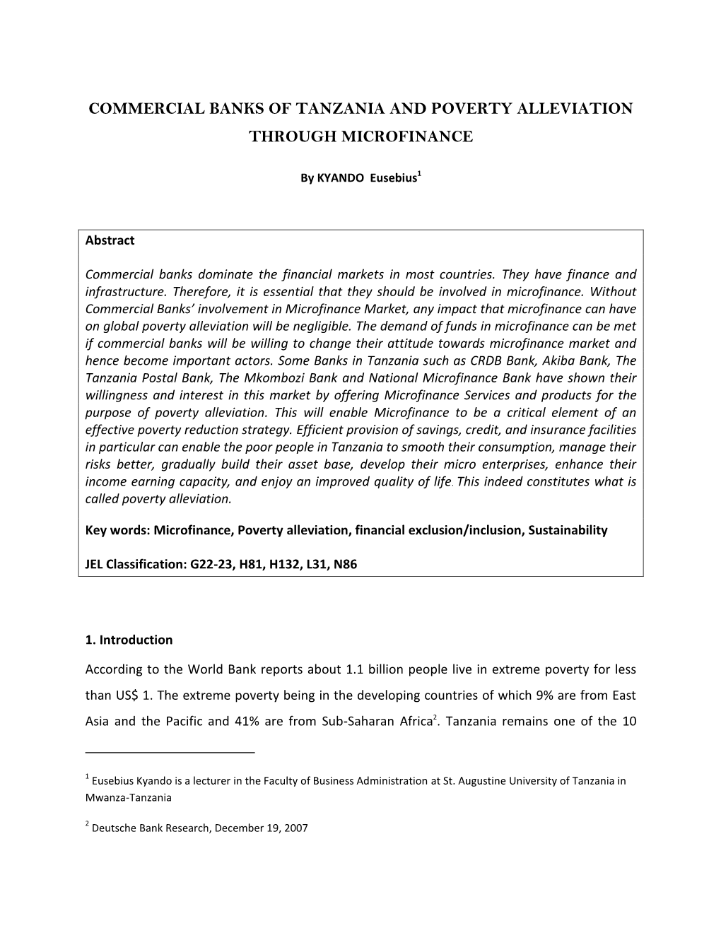 Commercial Banks of Tanzania and Poverty Alleviation Through Microfinance