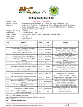 Birding Cambodia 14 Day Tour Fact Sheet Price Pax