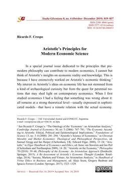 Aristotle's Principles for Modern Economic Science