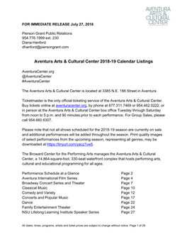 Aventura Arts & Cultural Center 2018-19 Calendar Listings