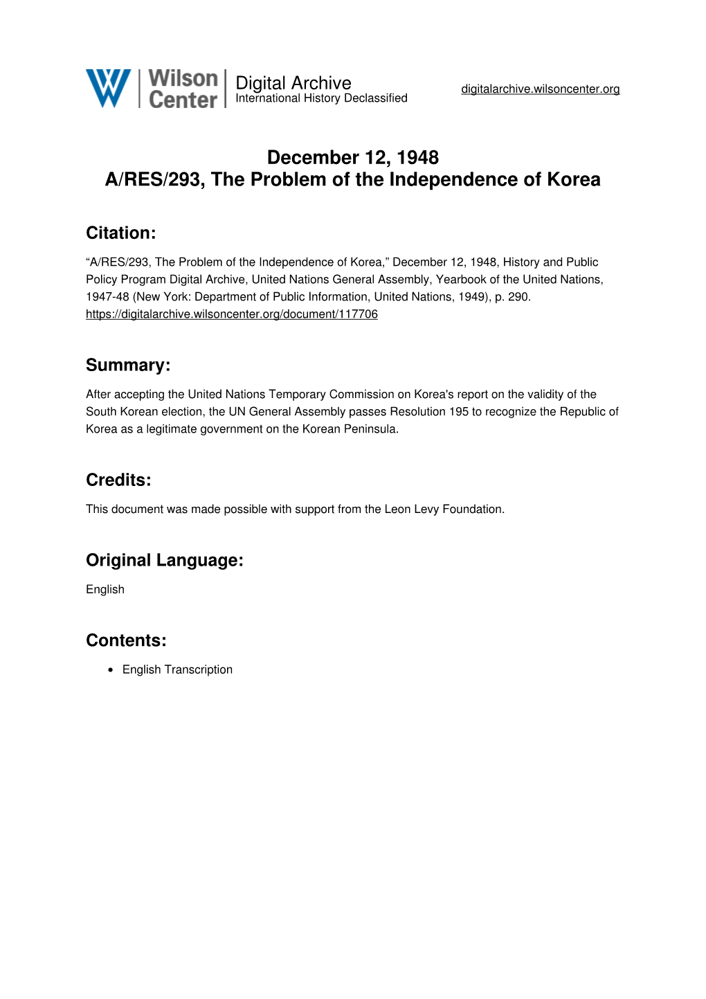 December 12, 1948 A/RES/293, the Problem of the Independence of Korea