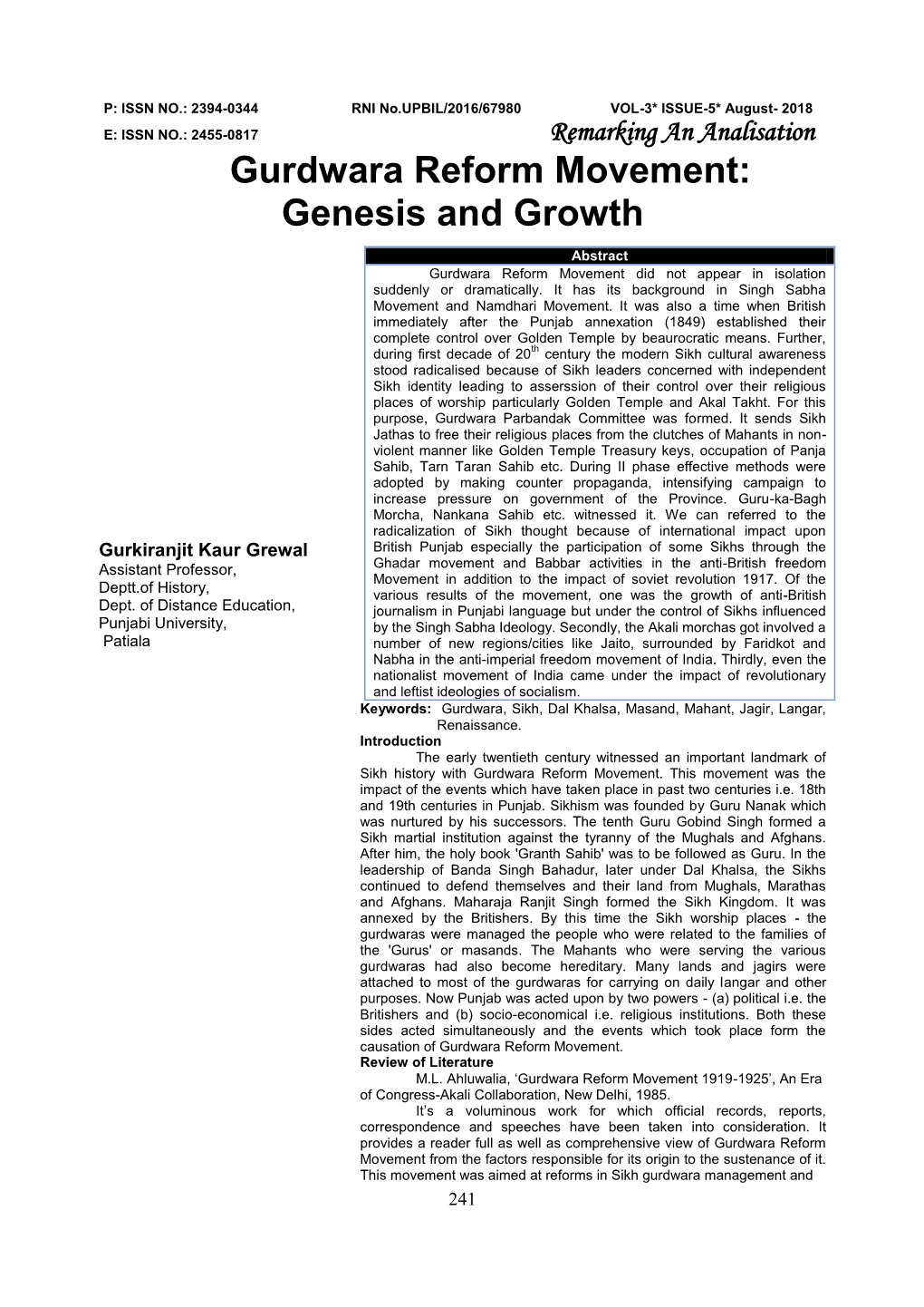 Gurdwara Reform Movement: Genesis and Growth