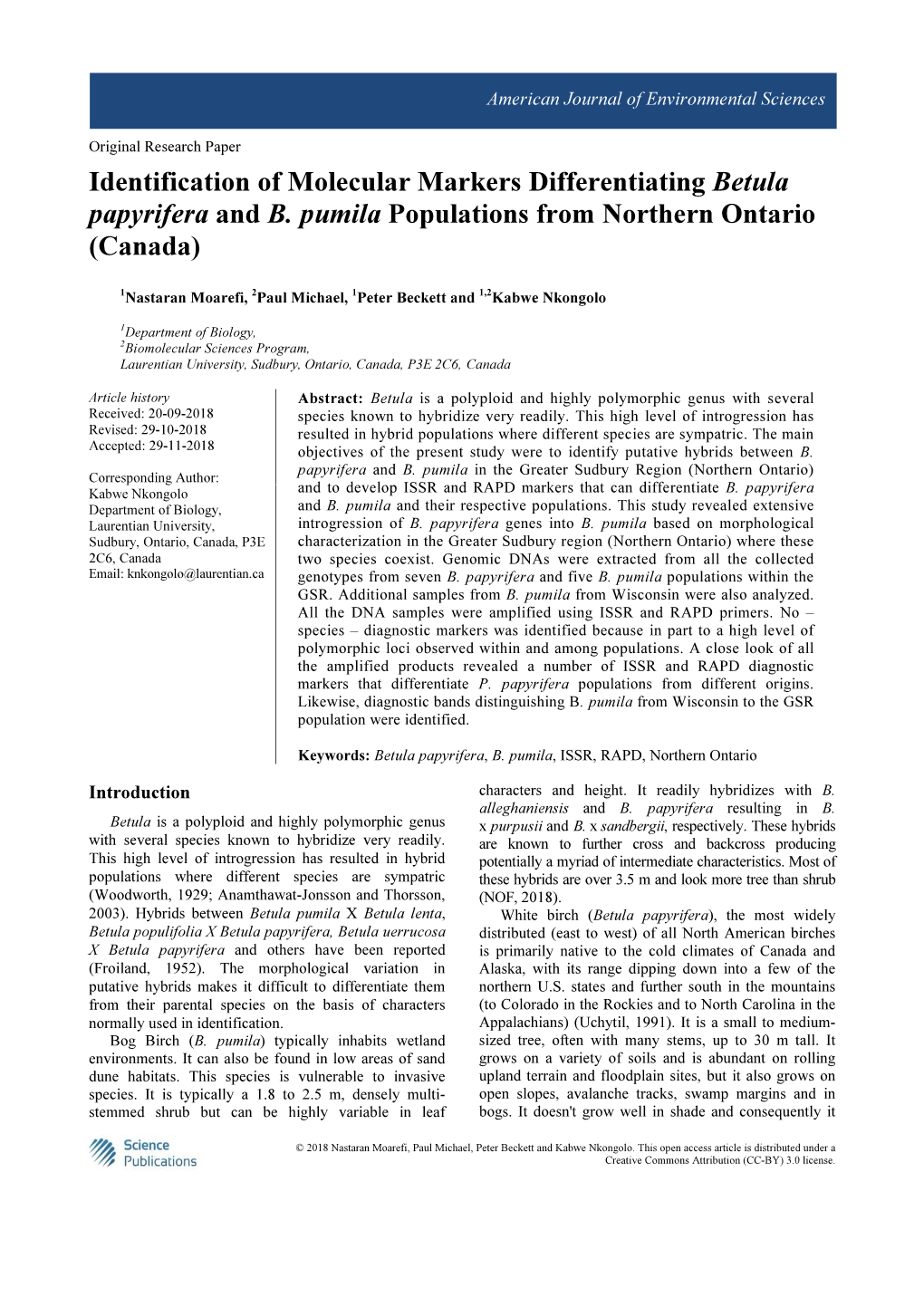 Identification of Molecular Markers Differentiating Betula Papyrifera and B