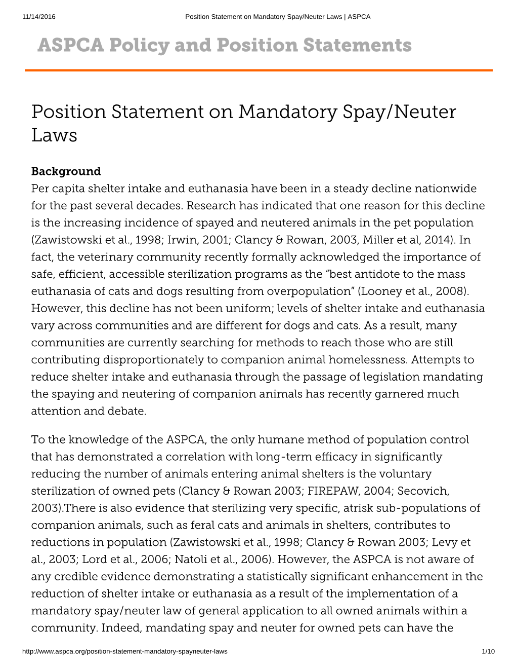 Position Statement on Mandatory Spay/Neuter Laws ASPCA Policy