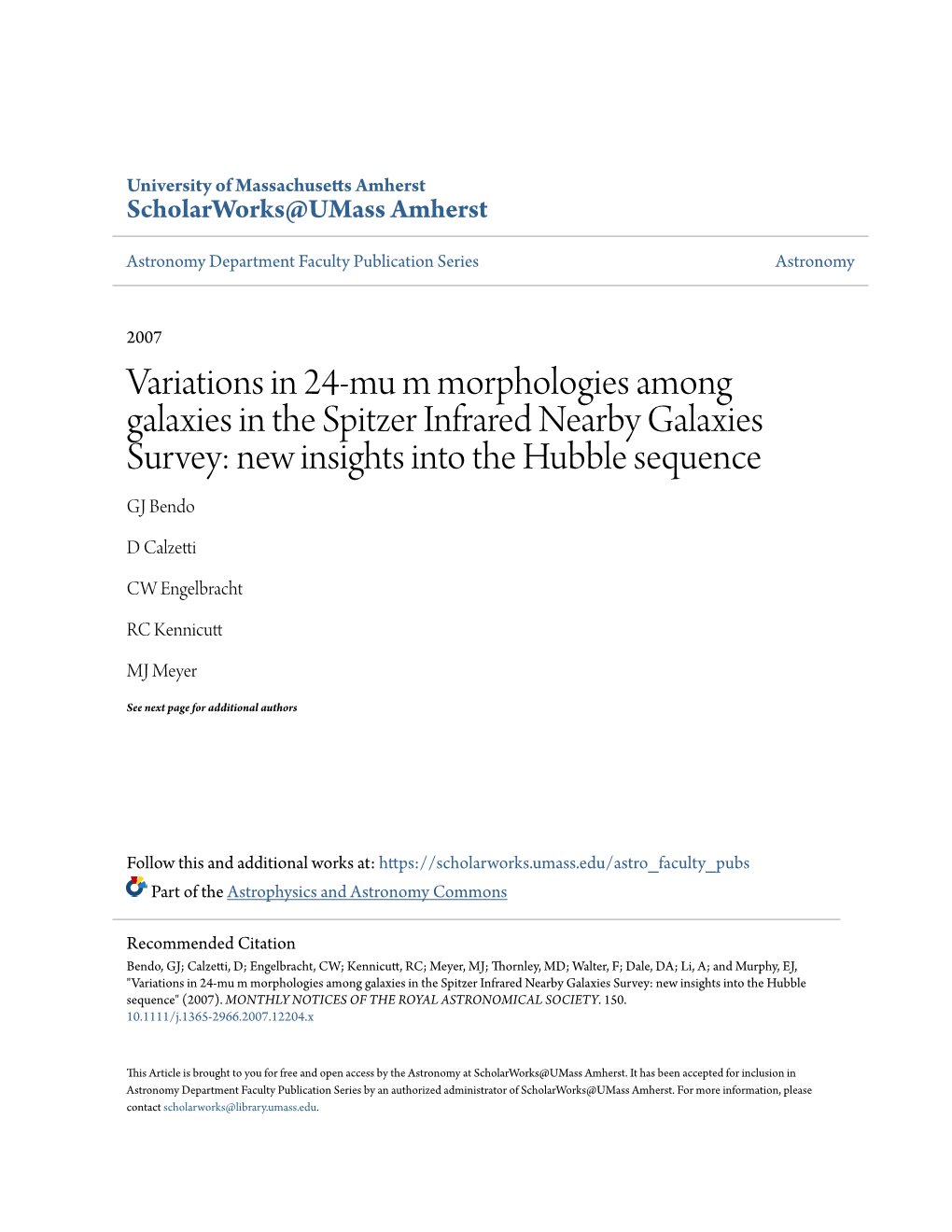 Variations in 24-Mu M Morphologies Among Galaxies in the Spitzer Infrared Nearby Galaxies Survey: New Insights Into the Hubble Sequence GJ Bendo