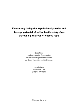 Factors Regulating the Population Dynamics and Damage Potential of Pollen Beetle (Meligethes Aeneus F.) on Crops of Oilseed Rape