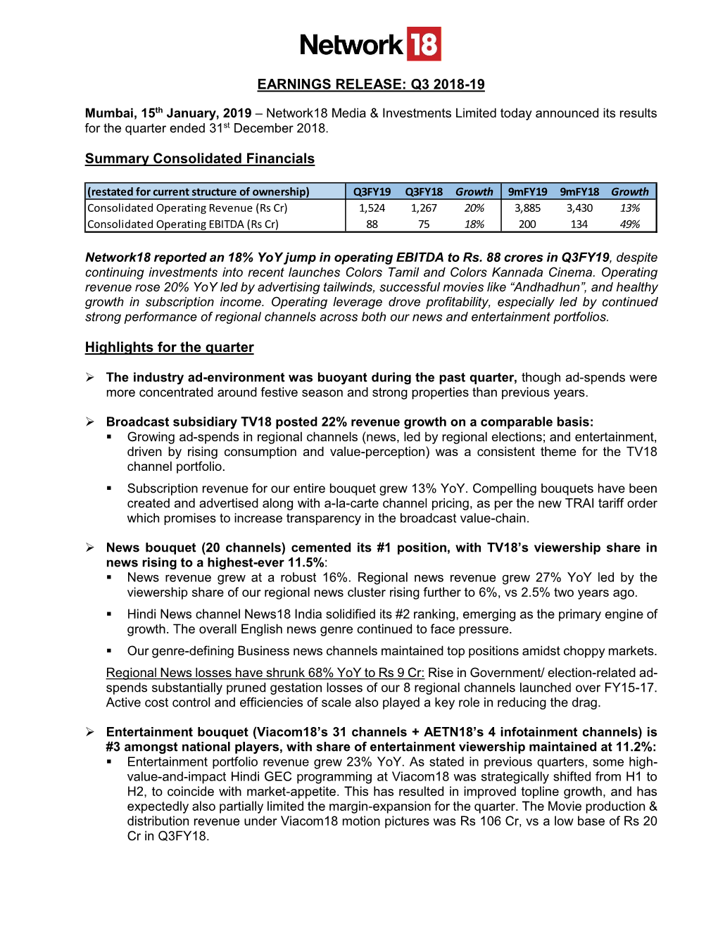 EARNINGS RELEASE: Q3 2018-19 Summary Consolidated Financials