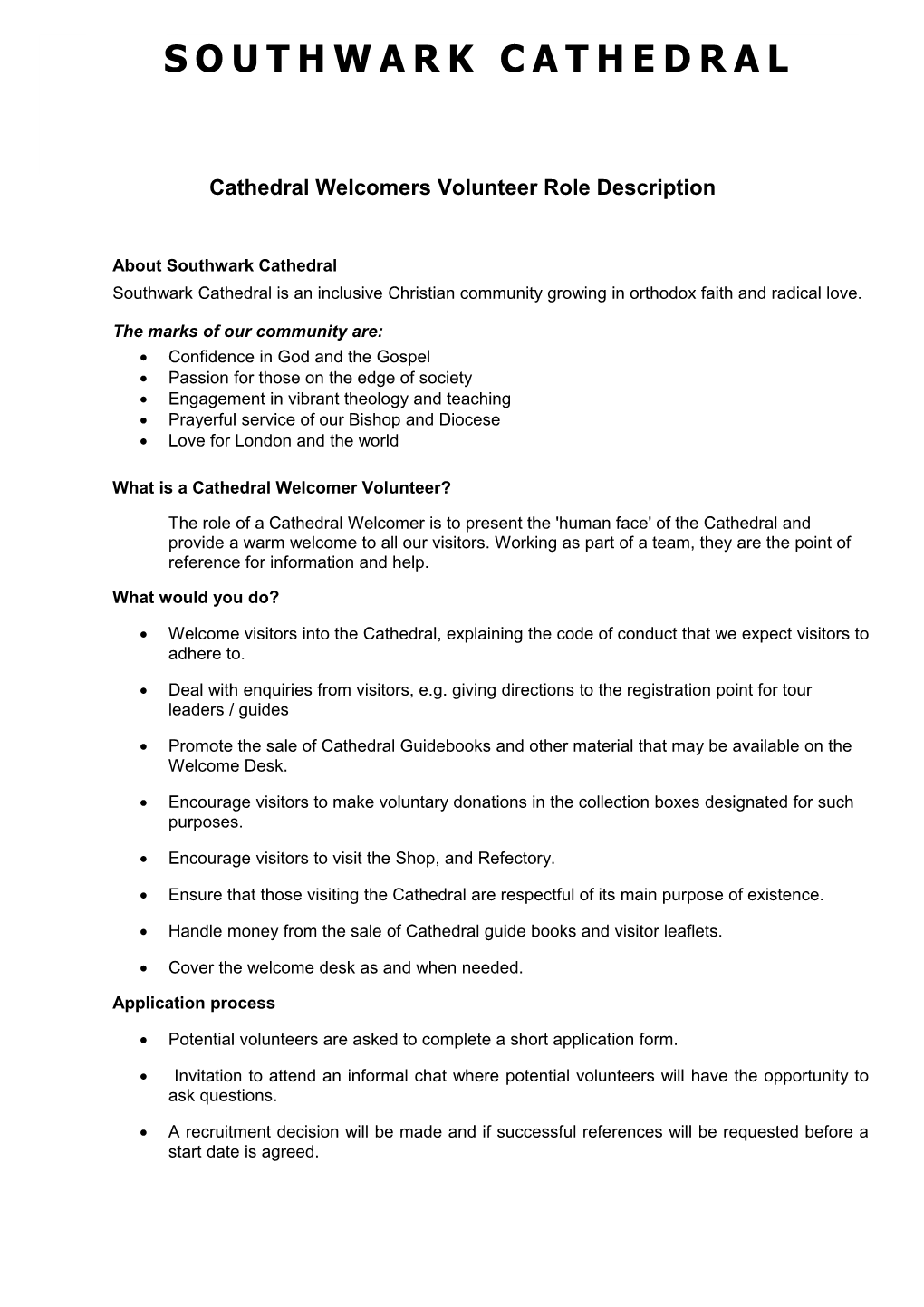 Cathedral Welcomers Volunteer Role Description