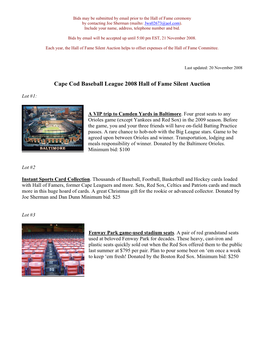 Cape Cod Baseball League 2009 Hall of Fame Silent Auction