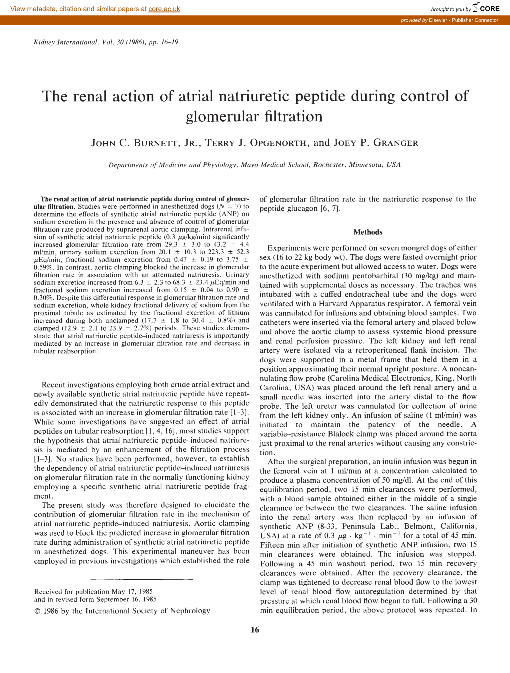 The Renal Action of Atrial Natriuretic Peptide During Control of Glomerular Filtration