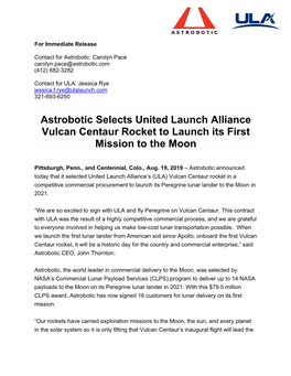 Astrobotic Selects United Launch Alliance Vulcan Centaur Rocket to Launch Its First Mission to the Moon
