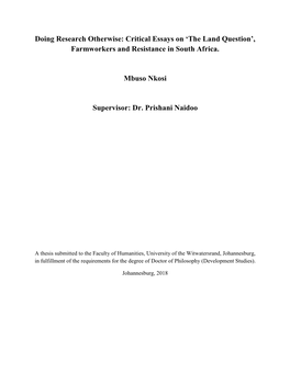 Farmworkers and Resistance in South Africa. Mbuso Nkosi Supervisor