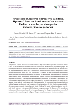 First Record of Aequorea Macrodactyla (Cnidaria, Hydrozoa) from the Israeli Coast of the Eastern Mediterranean Sea, an Alien Species Indicating Invasive Pathways