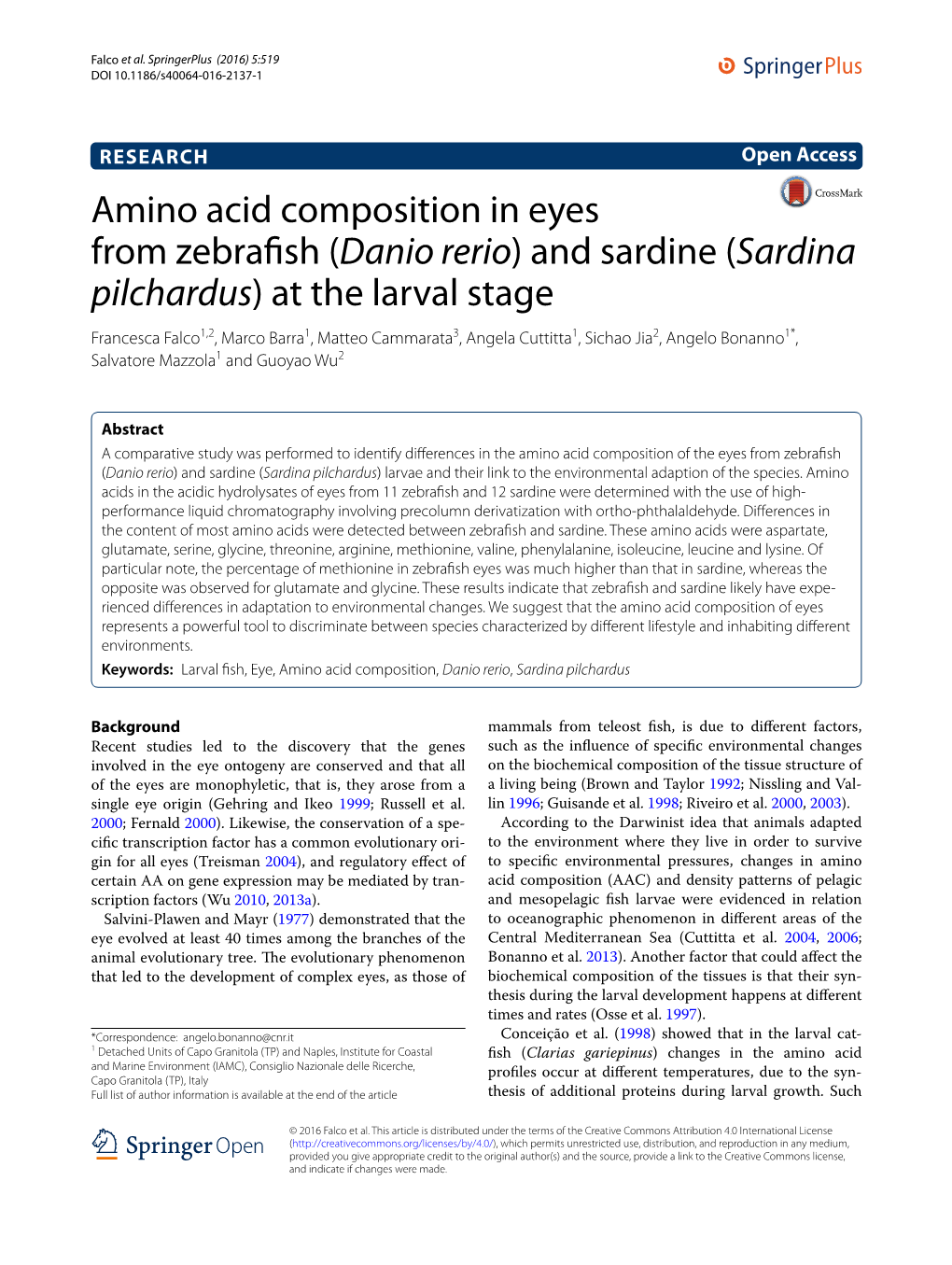 Amino Acid Composition in Eyes from Zebrafish (Danio Rerio) and Sardine (Sardina Pilchardus) at the Larval Stage