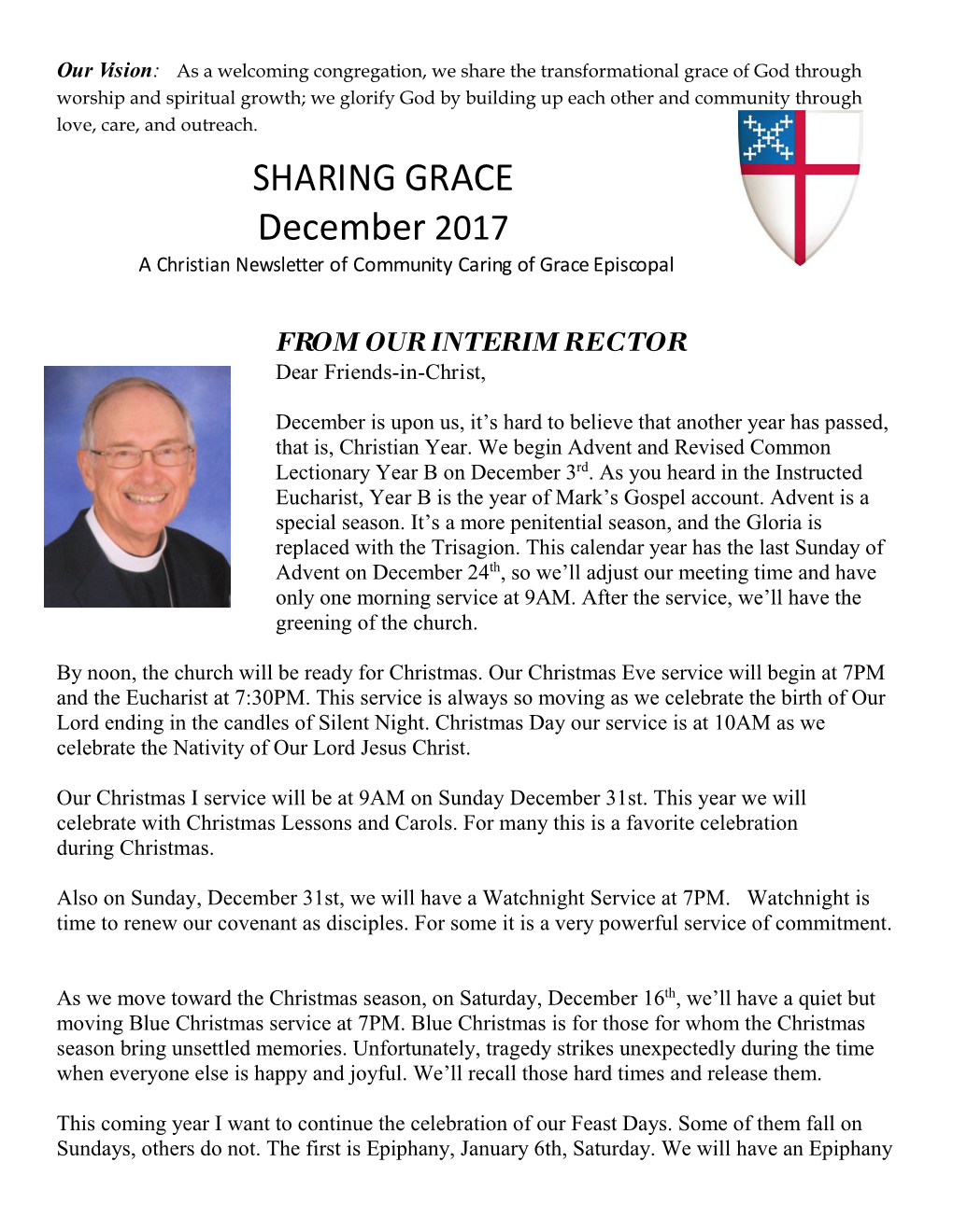 SHARING GRACE December 2017 a Christian Newsletter of Community Caring of Grace Episcopal