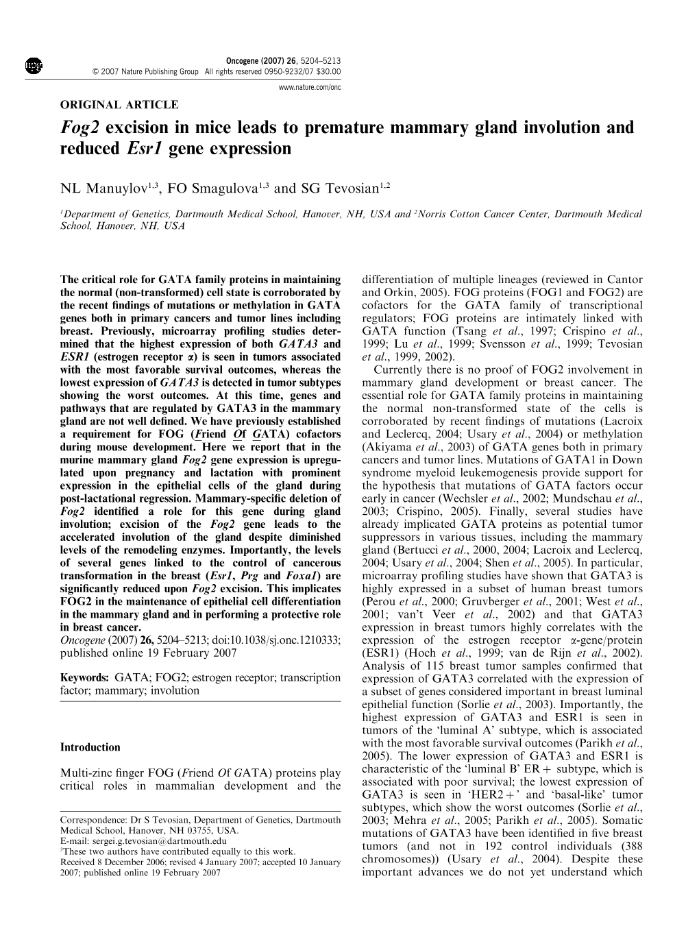 Fog2 Excision in Mice Leads to Premature Mammary Gland Involution and Reduced Esr1 Gene Expression