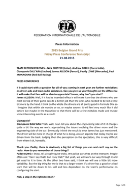 Press Information 2015 Belgian Grand Prix Friday Press Conference Transcript 21.08.2015