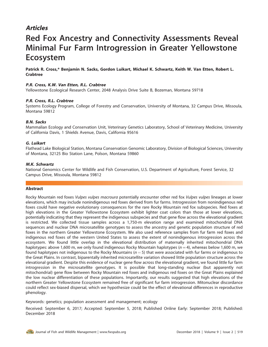 Red Fox Ancestry and Connectivity Assessments Reveal Minimal Fur Farm Introgression in Greater Yellowstone Ecosystem