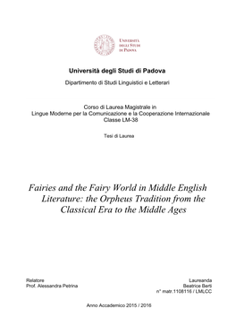 Fairies and the Fairy World in Middle English Literature: the Orpheus Tradition from the Classical Era to the Middle Ages