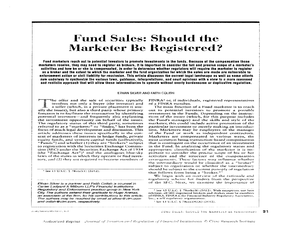 Fund Sales: Should the Marketer Be Registered?