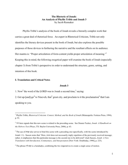 1 the Rhetoric of Jonah: an Analysis of Phyllis Trible and Jonah 3 By