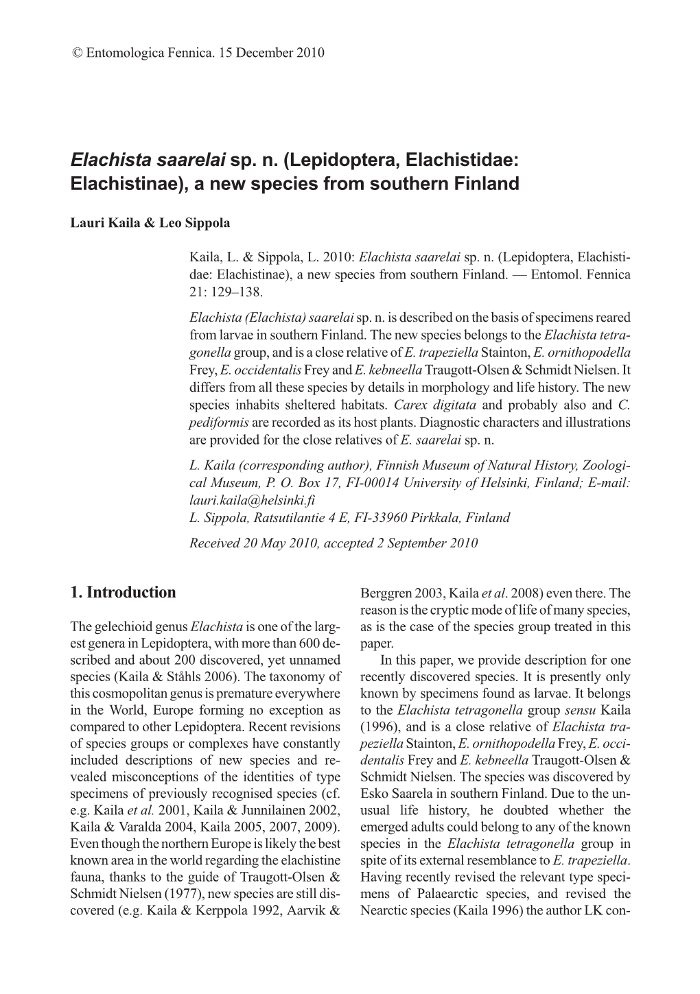 Elachista Saarelai Sp. N. (Lepidoptera, Elachistidae: Elachistinae), a New Species from Southern Finland