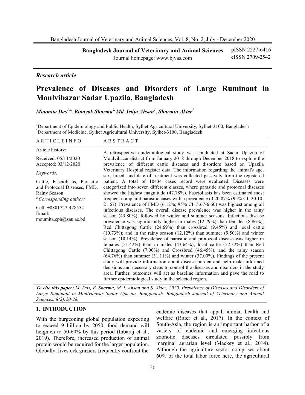 Prevalence of Diseases and Disorders of Large Ruminant in Moulvibazar Sadar Upazila, Bangladesh