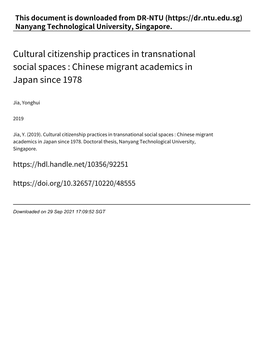 Cultural Citizenship Practices in Transnational Social Spaces : Chinese Migrant Academics in Japan Since 1978