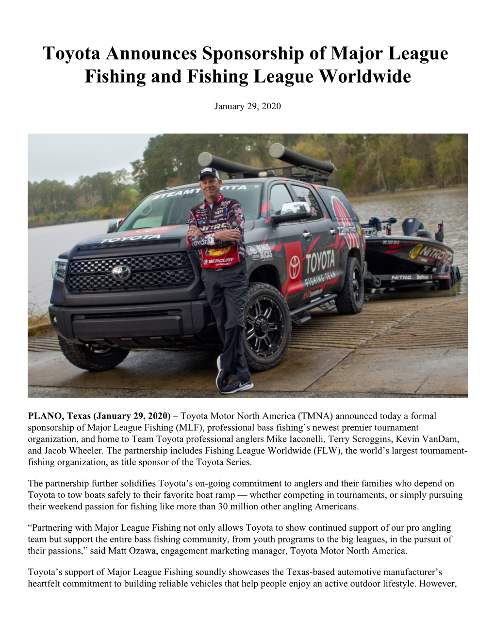 Toyota Announces Sponsorship of Major League Fishing and Fishing League Worldwide