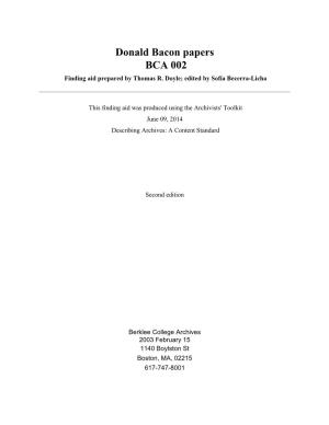 Donald Bacon Papers BCA 002 Finding Aid Prepared by Thomas R
