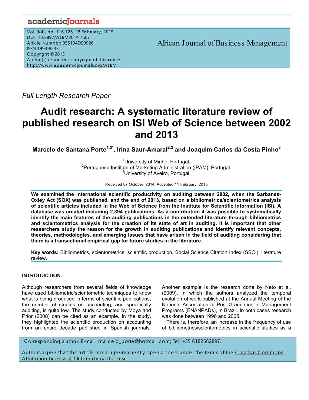 Audit Research: a Systematic Literature Review of Published Research on ISI Web of Science Between 2002 and 2013