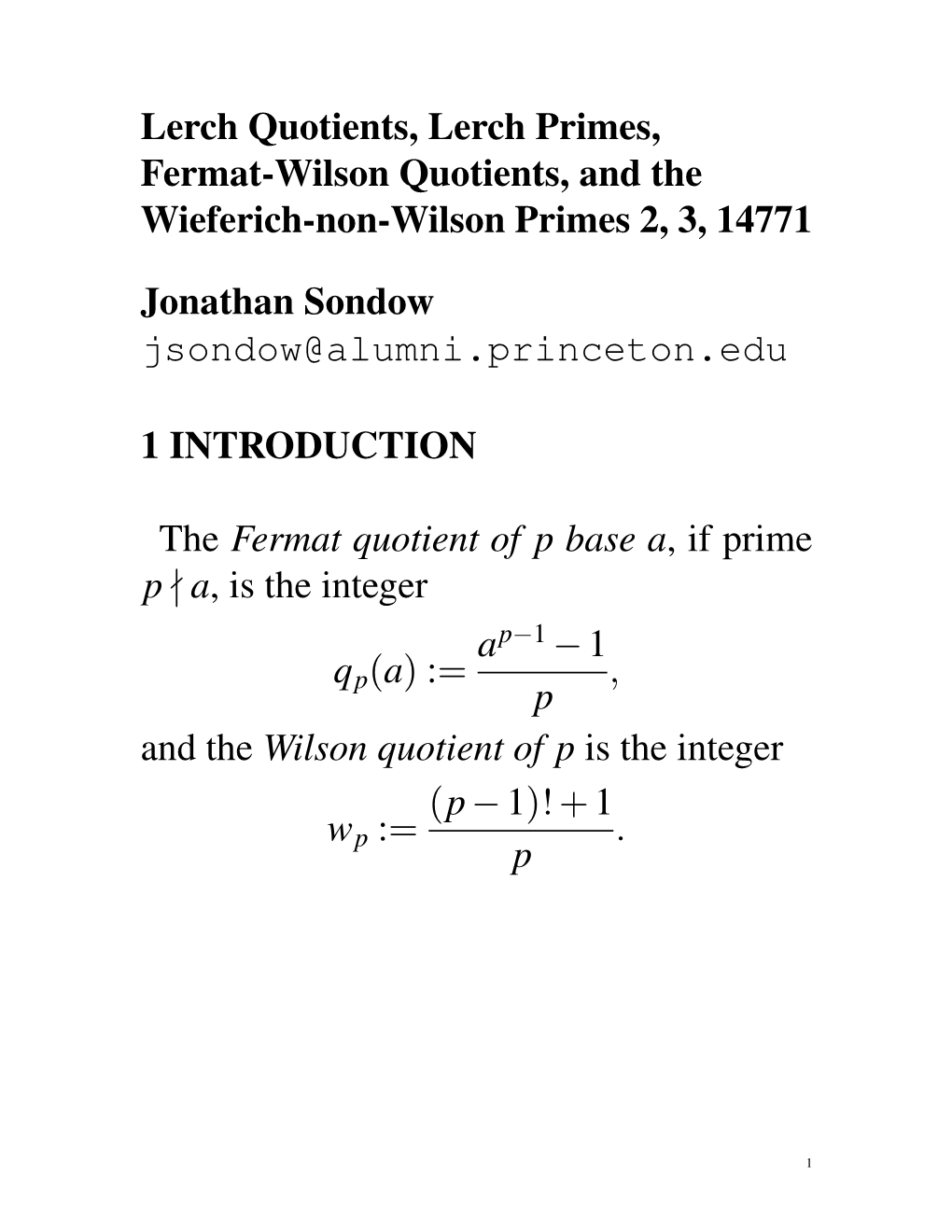 Lerch Quotients, Lerch Primes, Fermat-Wilson Quotients, and the Wieferich-Non-Wilson Primes 2, 3, 14771 Jonathan Sondow Jsondow