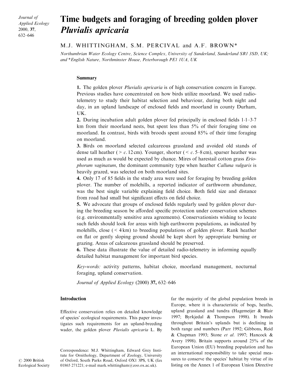 Time Budgets and Foraging of Breeding Golden Plover Pluvialis