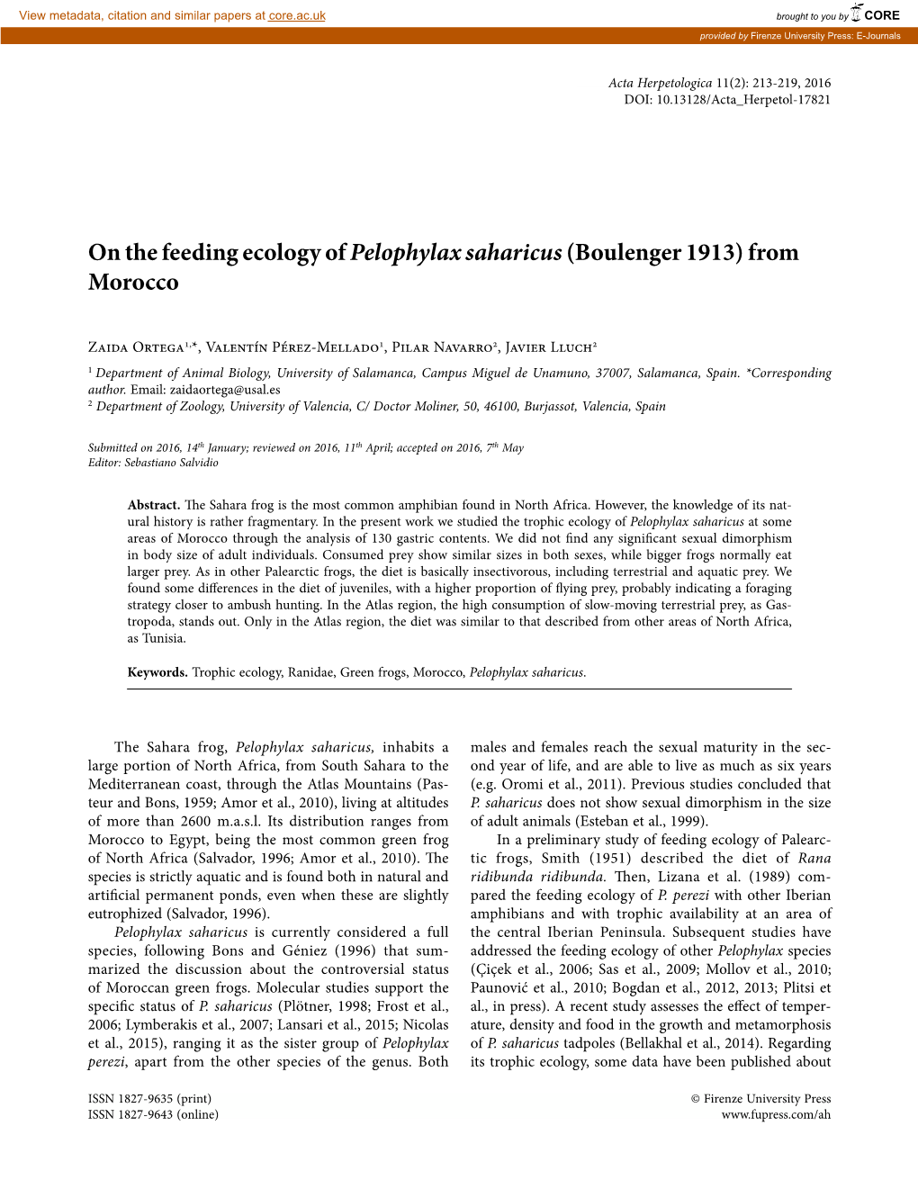 On the Feeding Ecology of Pelophylax Saharicus(Boulenger 1913)