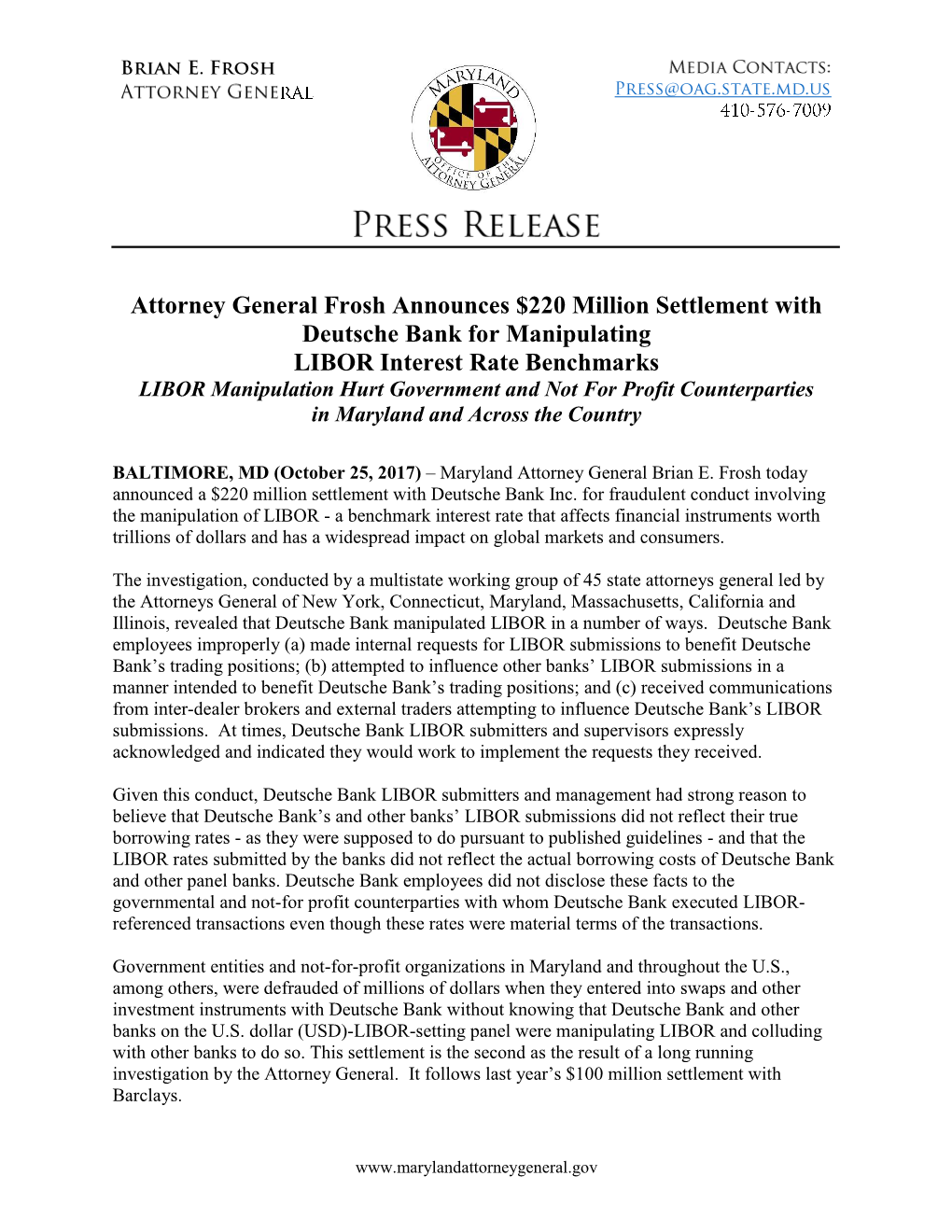 Attorney General Frosh Announces $220 Million Settlement With