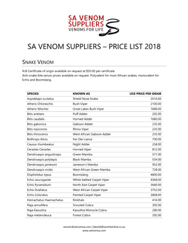 Price List 2018