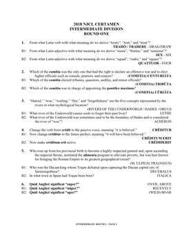 2018 Njcl Certamen Intermediate Division Round One