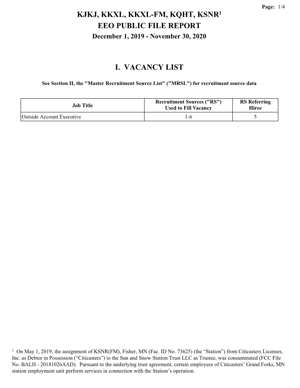 Kjkj, Kkxl, Kkxl-Fm, Kqht, Ksnr1 Eeo Public File Report I