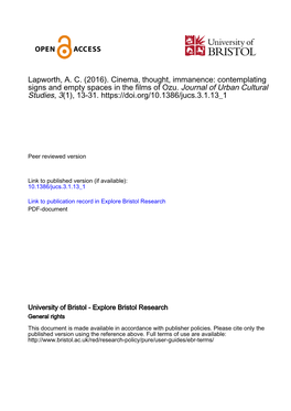 Lapworth, A. C. (2016). Cinema, Thought, Immanence: Contemplating Signs and Empty Spaces in the Films of Ozu
