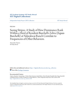 A Study of How Dominance Rank Within a Herd of Resident Burchell’S Zebra (Equus Burchelli) at Ndarakwai Ranch Correlate to Frequencies of Other Behaviors