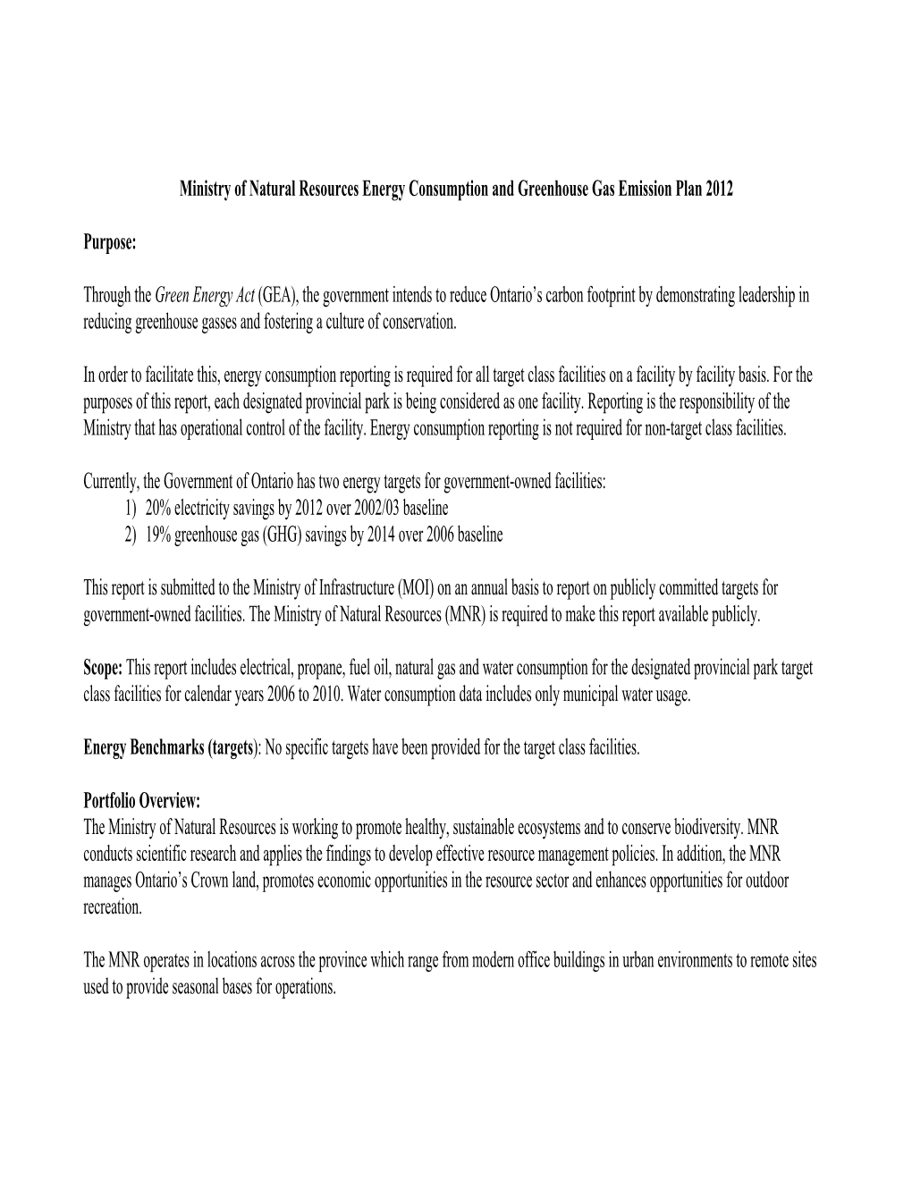 Ministry of Natural Resources Energy Consumption and Greenhouse Gas Emission Plan 2012
