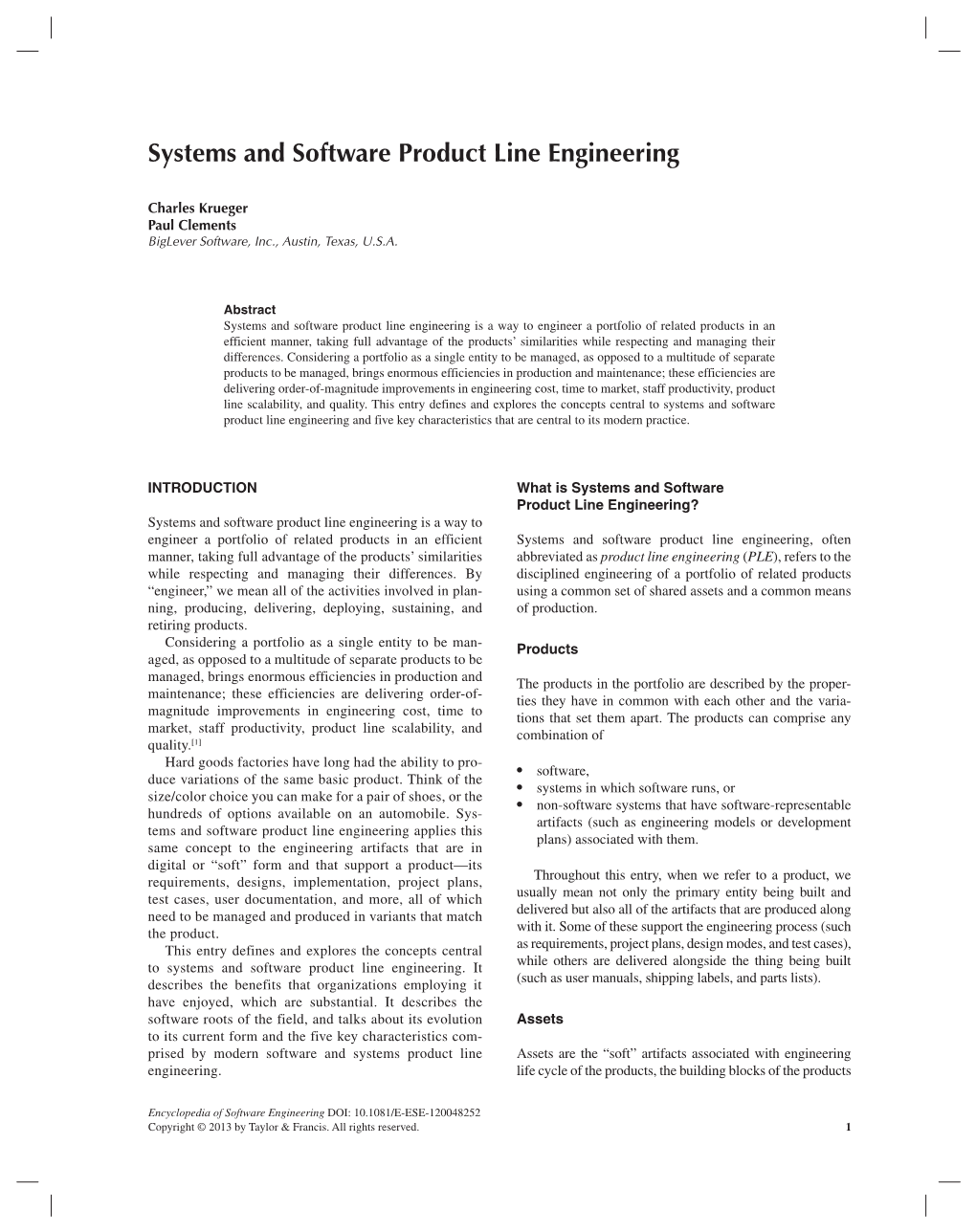 Systems and Software Product Line Engineering