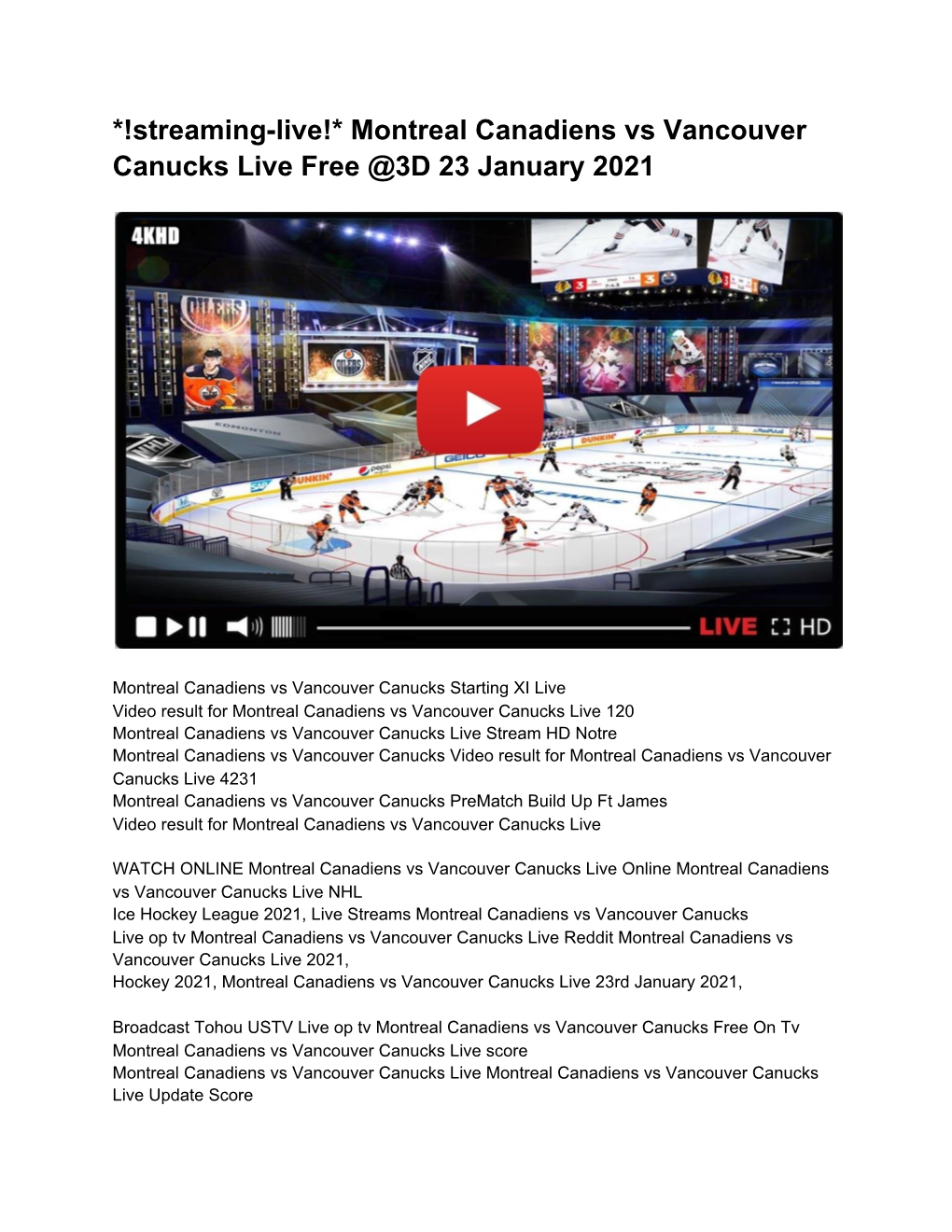 Montreal Canadiens Vs Vancouver Canucks Live Free @3D 23 January 2021