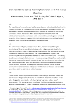 Communists, State and Civil Society in Colonial Algeria, 1945-1954