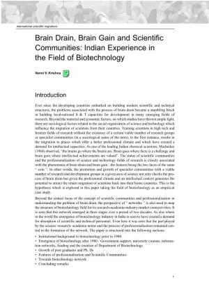 Brain Drain, Brain Gain and Scientific Communities: Indian Experience in the Field of Biotechnology