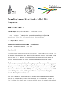 Rethinking Modern British Studies, 1-3 July 2015 Programme