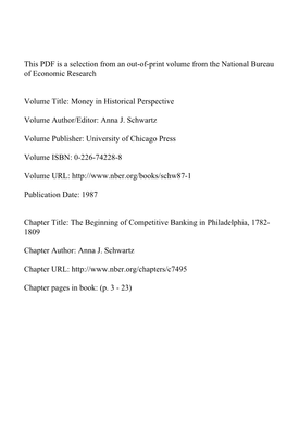 The Beginning of Competitive Banking in Philadelphia, 1782- 1809