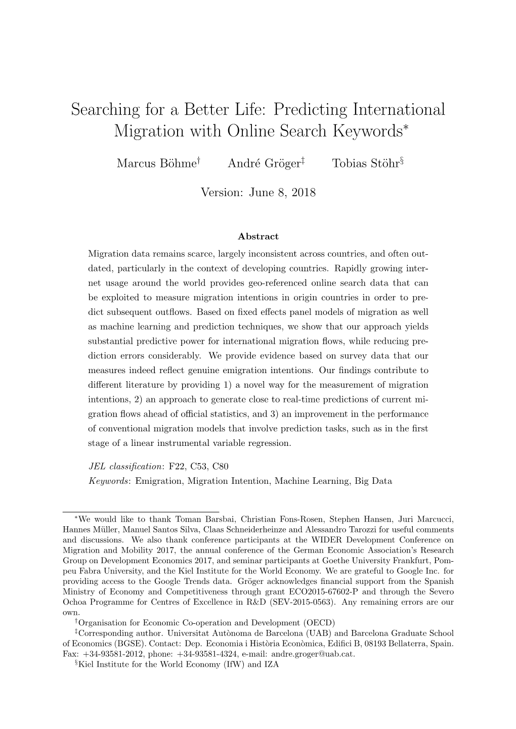 Predicting International Migration with Online Search Keywords∗