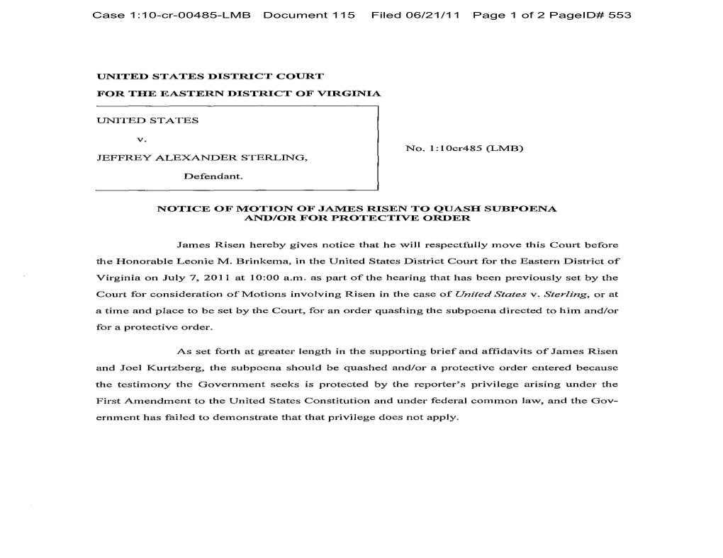 Motion of James Risen to Quash Subpoena And/Or for Protective Order